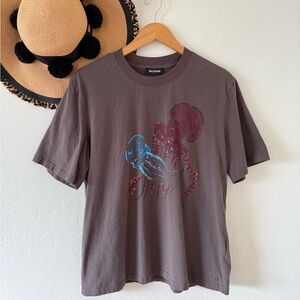 NAADAM Gray Short Sleeve Oversized Boxy Graphic Tee Painted Octopus Size Medium